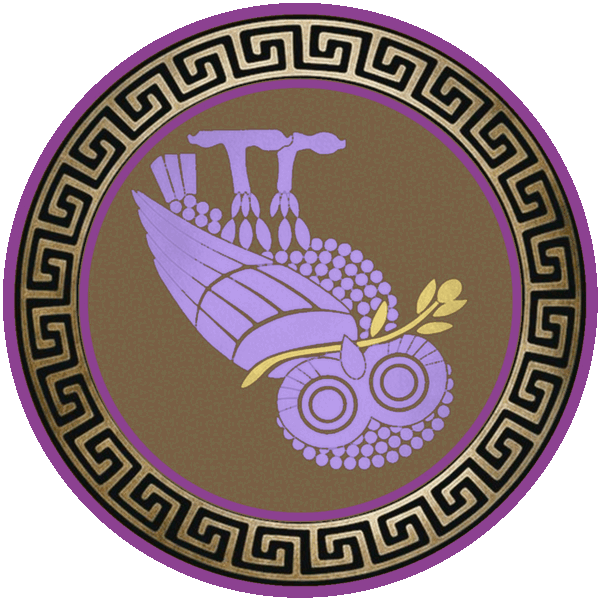 The Metacognitive owl — horizontally reflected, in a violet ring.