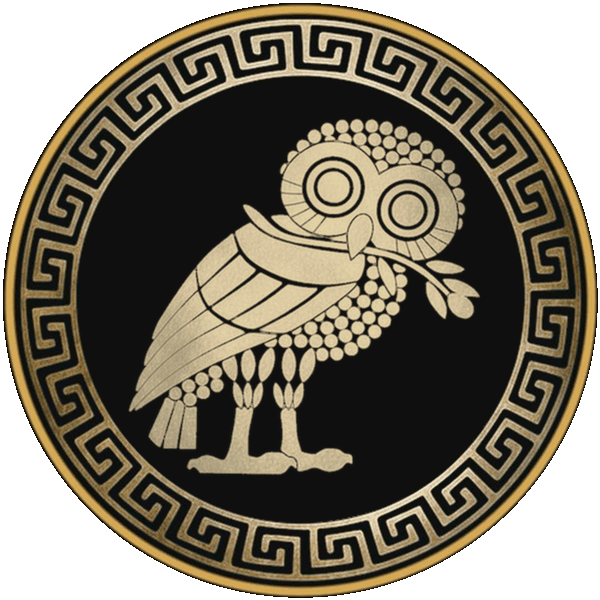 The Normative owl — upright gold Owl of Athena in a Greek meander ring.